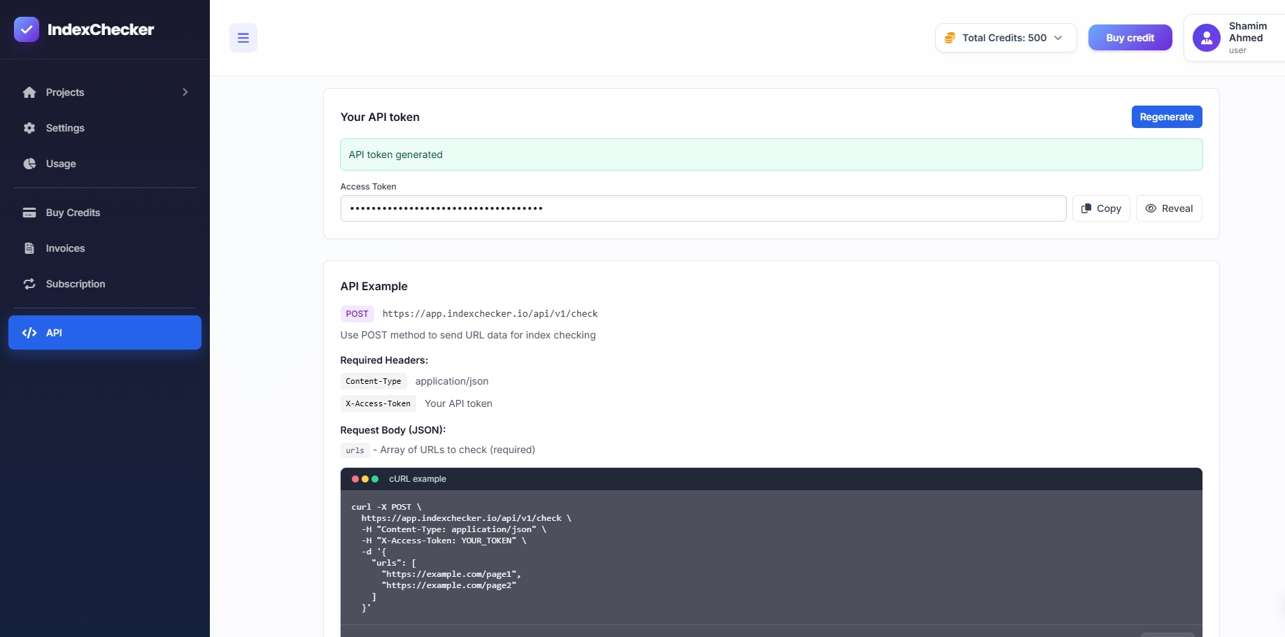 Google Index Checker API Dashboard